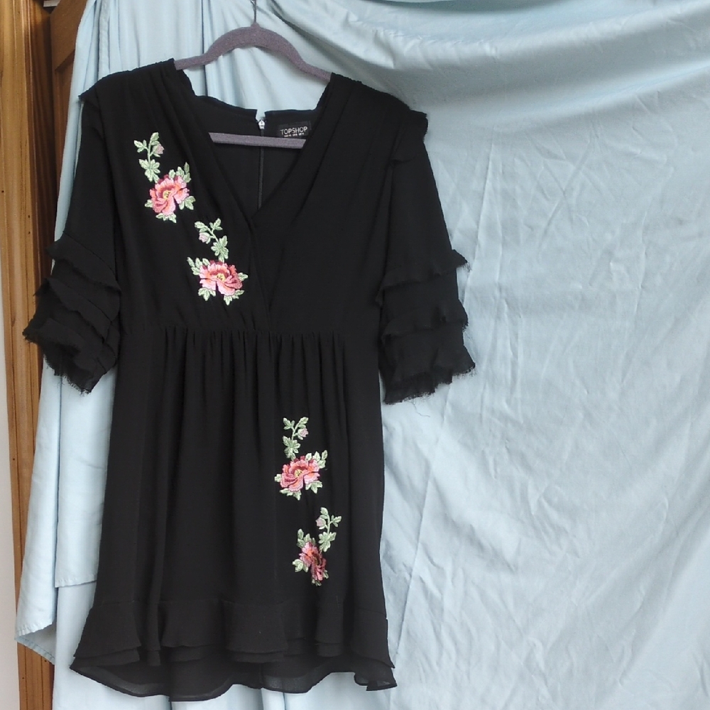 Topshop Black Mini Dress with Pink Floral Embroidery